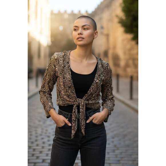 Chico’s Silk Animal Print Tie Front Blouse Top Size 0 XS Leopard Long Sleeve - Picture 1 of 14